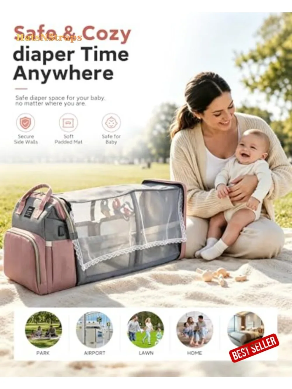 Large Diaper Bag Backpack with Changing Station, 25L Capacity, USB Port,